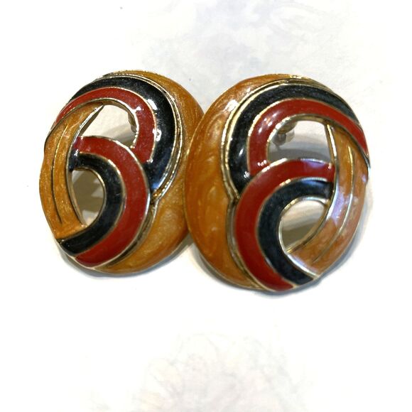 Vintage Enamel Fall Earrings 80's Fashion Pierced Orange Red Green Thanksgiving - Picture 3 of 6